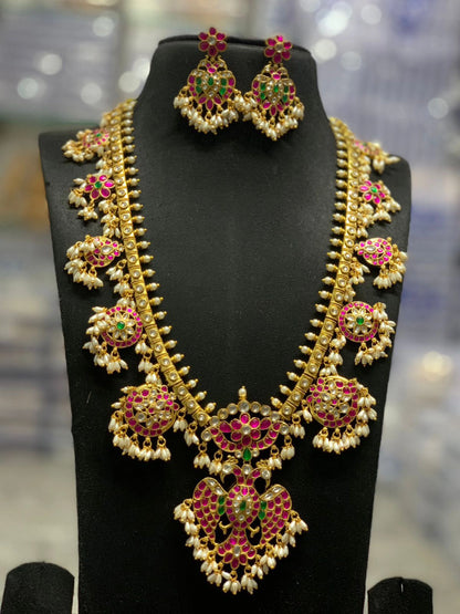 Swathi Peacock Long Jadua Kundan Necklace Set