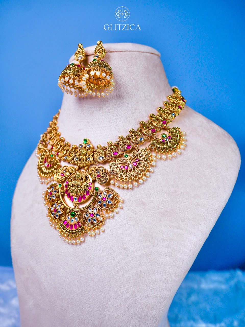 Anjali Temple Lakshmi Jadua Kundan Necklace Set