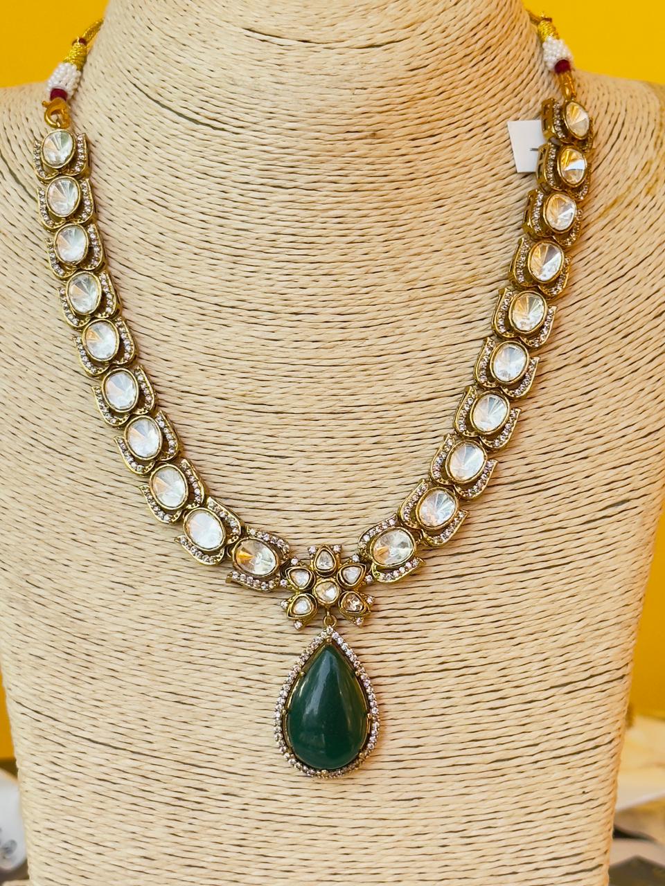 Kashvi Emerald Green Polki Necklace Set