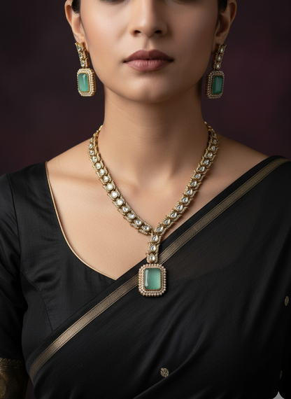 Mint Green Polki Pendant Fusion Necklace Set