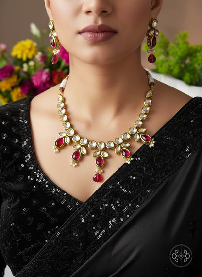 Attrangi Ruby Red and White Kundan Polki Necklace Set