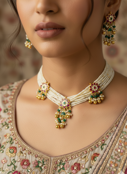 Shahi Floral Kundan Pearl Choker Set