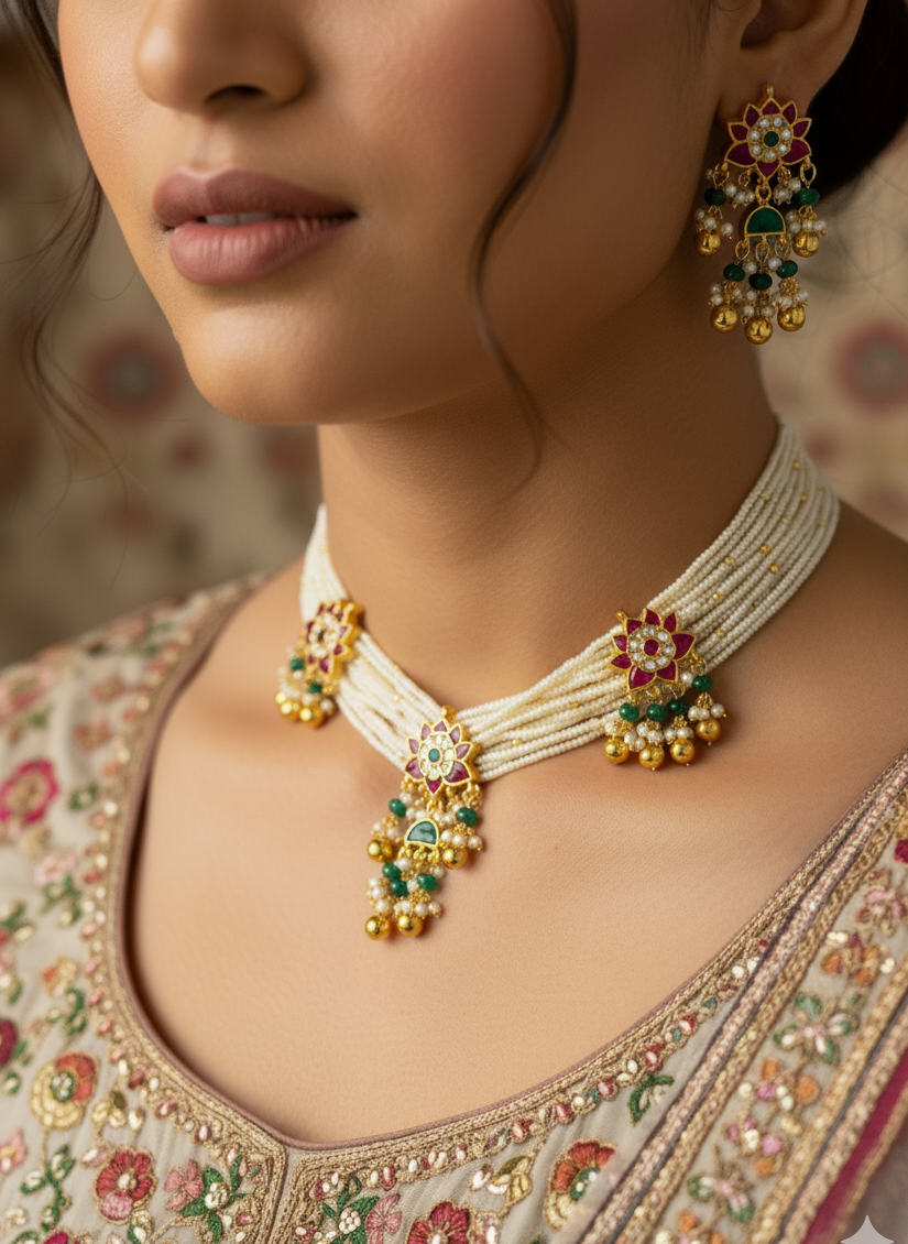 Shahi Floral Kundan Pearl Choker Set