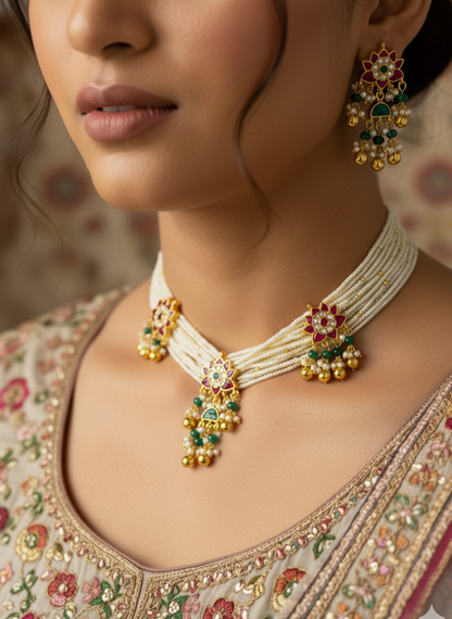 Shahi Floral Kundan Pearl Choker Set